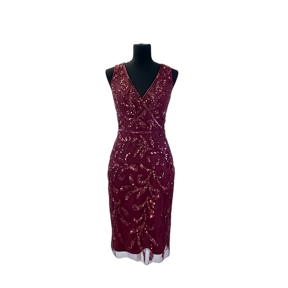 Adrianna Papell Maroon Beaded Sequin V-Neck Sleeveless Cocktail Sheath Dress 4